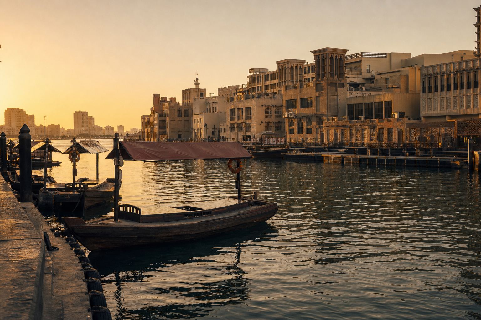Dubai Creek in Deira at golden hour, with wooden abras and historic merchant buildings.