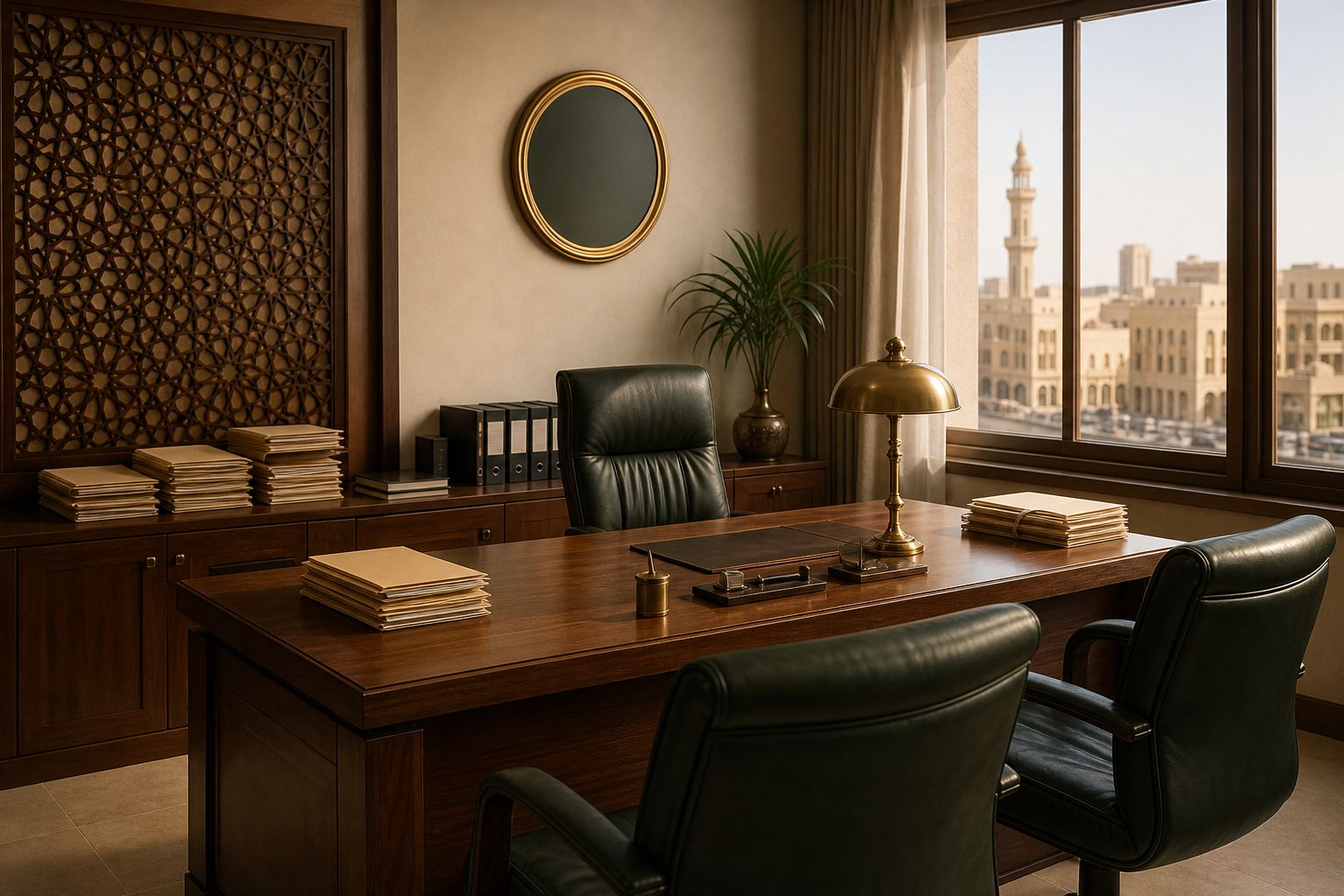 The CA Audit Dubai practice room in Deira: walnut desk, dark-green chairs and a mashrabiya screen.